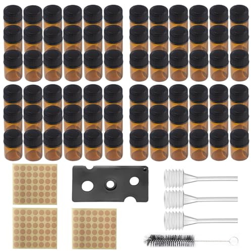 GisWell 108 stycken små bruna glasflaskor för fyllning, med 1 flasköppnare för eteriska oljor, 1 pensel, 3 klistermärken och 3 plastpipetter, för eterisk olja, aromaterapi, parfym (brun)