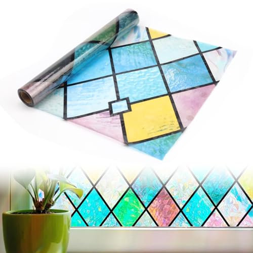 YFaith Pellicola Vetri Finestre, 30 cm x 3 m, Vinilo Ventana Colores, Senza Colla, Vinilo Adhesivo Cristal Privacy, Griglia a Rombi Colorati, per Bagno, Camera da Letto, Soggiorno
