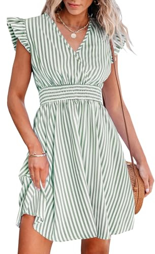 CUPSHE Femme Robe Courte Été Rayée Col V Manches Volantées Taille Smockée Robe de Plage Fluide A Ligne Chic Décontractée Soirée Cocktail Rose Rayé S