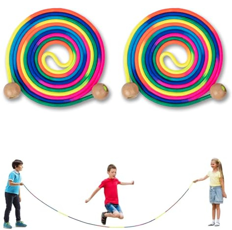 Hopprep barn, 5 M långt färgglatt hopprep med trähandtag för multiplayer barn vuxna, skola, utomhusaktiviteter, fitness, justerbar storlek