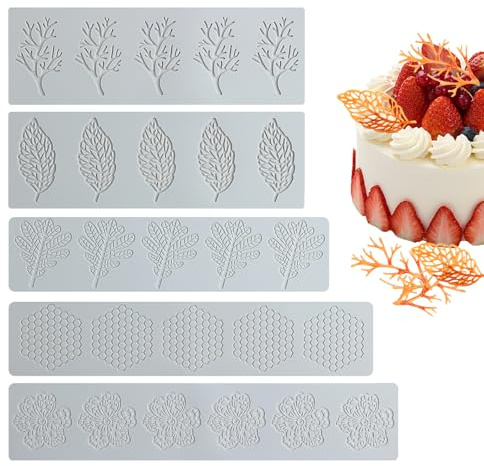 Stampo in Silicone a Forma Foglia,5 Pcs Torta Fondente Goffratura Mat Tappetino in Pizzo di Silicone per Decorazioni di Torte per Fondente,Cioccolato,Zucchero