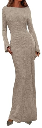 PRETTYGARDEN Women's Fall Fashion 2026 Long Sleeve Maxi Dress Ribbed Knit Boat Neck Bodycon Casual Dresses Going Out Outfits (Apricot,Medium)
