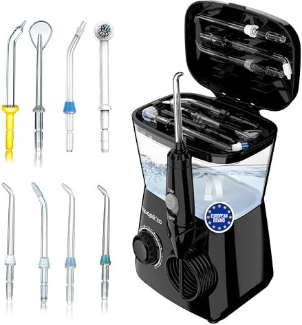 Aquapik 100 Idropulsore dentale professionale Water Flosser con 9 Ugelli Multifunzione 10 valori nominali di pressione dell'acqua regolabili capacità di 600ml Rimozione della Placca Dentale (Nero)