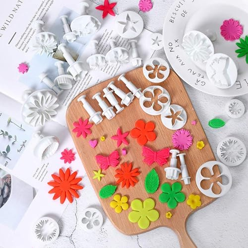 Fondant kakskärare set 33 stycken, kakskärare stämpel kakform modelleringsverktyg, kakformar blommor, fjäril, stjärnor, hjärtformad, blad för tårta, tårta bakning (vit)