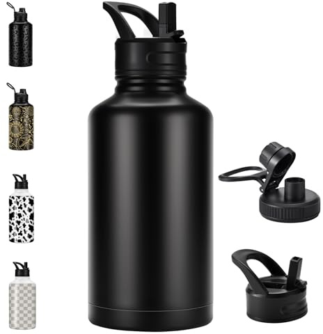 FOLAI Insulated 2 Litre Stainless Steel Water Bottle with Straw Lid and Flex,Adult Large Drinks Bottle,Large Gym Sports Metal Drinking Flask,for Outdoor, Hiking, Riding, and Gift Giving（Black）