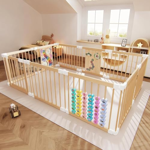 Laufstall Baby aus Holz mit Spielzeug, Faltbares Laufgitter 145×216×61 cm
