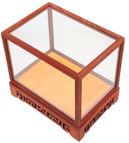 Kisangel Boîte de Présentation Transparente en Verre Base en Bois Massif Rouge, Cloche Anti-poussière 12x12x17 Cm pour Rangement et Exposition D’Objets de Collection, Présentoir Décoratif