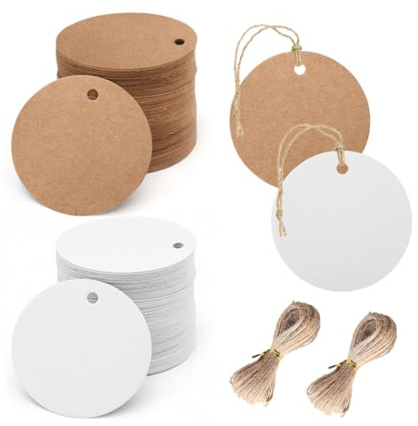 200 Pezzi Etichette Regalo Cartoncino 5 CM,Etichette Bomboniere con Cordino da 40 M,SZMK Bigliettini Regalo Piccoli,Cartellini Matrimonio,Cartoncini Segnaposto,Kraft Paper Gift Tag per Fai Da Te