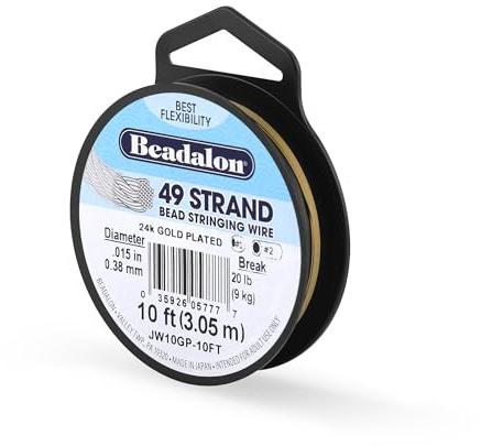 Beadalon 49 Strand Stainless Steel Bead Stringing Wire, .015 in / 0.38 mm, Gold Plated, 10 ft / 3.1 m