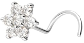 Piercingline - Piercing per il naso a spirale in oro 750, 18 carati, con fiore a cristalli e Oro bianco, colore: Cristalli trasparenti., cod. RGW583-KK