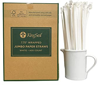 400 Count | Kingseal Disposable PAPER Drinking Straws, FSC Certified, Paper Wrapped, WHITE, 7.75 Inch Length x 6mm Diameter, Jumbo Size, Biodegradable, Earth Friendly, Bulk Pack - 400 Straws Per Box