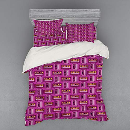 Ambesonne Retro Bedding Set, Cassette Tapes Pattern Nineties Design Classic Motifs Illustration, 4 Piece Duvet Cover Set with Shams and Fitted Sheet, Queen Size, Yellow and Pink