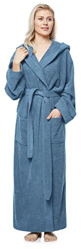 Arus Damenbademantel mit Kapuze, knöchellang, Baumwolle, S-M Lang, Blaugrau