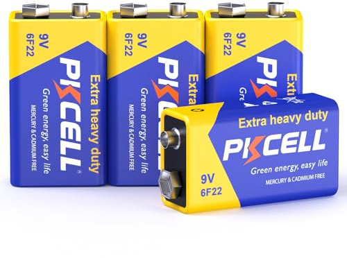 PKCELL 9V Batteries, 4 Pack 9 Volt Batteries Carbon Zinc, 9V Battery for Smoke Detector, Alarms, 6F22 Square Battery