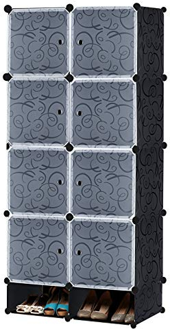 UISEBRT Armario portátil DIY Armario sistematizado, Guardarropa portátil para Colgar Ropa Estantería Modular Plástico PP, 8 Cubos con Puerta y Mueble para Zapatos, Negro con Patrón