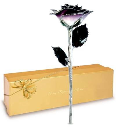 Forever Rose Real 2-Tone Purple Rose with Platinum Trimmed Petals and Platinum Stem, Handcrafted Preserved Rose in Luxury Gold Gift Box, Romantic Gift and Elegant Gift for Mother's Day or Birthday