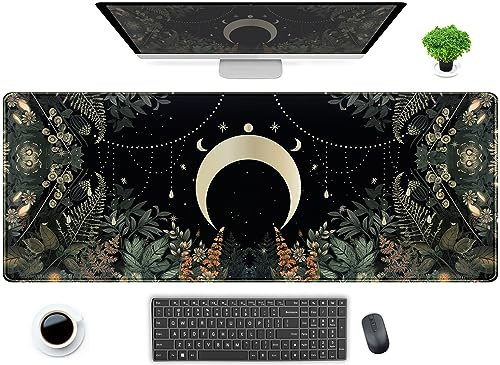Cute Green Forest Leaves Desk Mat Whimsical Moon Mousepad XL Large Extended Gaming Mouse Pad with Stitched Edges, Computer Laptop Keyboard Mouse Mat Desk Pad 31.5x11.8 in Non-Slip Rubber Base