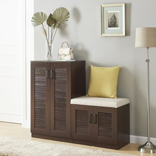 [en.casa] Schuhschrank Løten Schuhregal mit 4 Türen und 9 Ablagen Schuhablage 120 x 36 x 97 cm bis zu 18 Paar Schuhe mit gepolsterter Sitzbank Schuhaufbewahrung Wenge