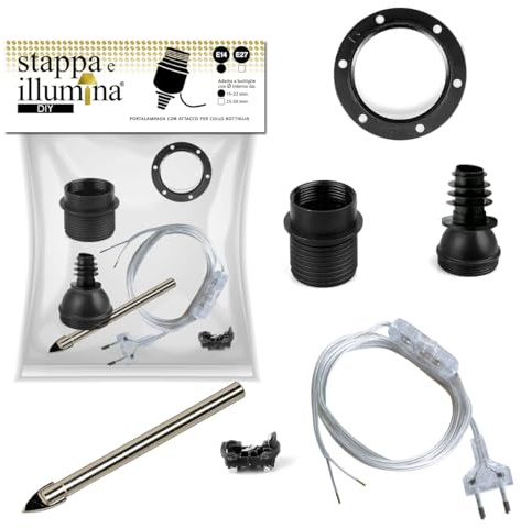 Stappa e illumina DIY + punta trapano per vetro | Portalampada E14 da assemblare per bottiglie con foro da 15 a 22 mm Portalampada bottiglie con foro (E14, Standard)