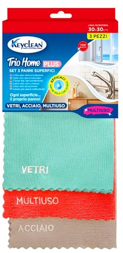 Keyclean Set 3 Panni Superfici -Vetri, Acciaio, Multiuso. 30x30 cm Trio Home
