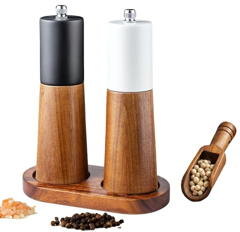 GCFTIFF salz und pfeffermühle holz mit Untersetzer und Löffel,Gewürzmühlen Set aus massivem Holz und keramischem Stahlkern, Küchenhelfer Set,einweihungsgeschenk wohnung(2 Stück weiß+schwarz, 6 Zoll)