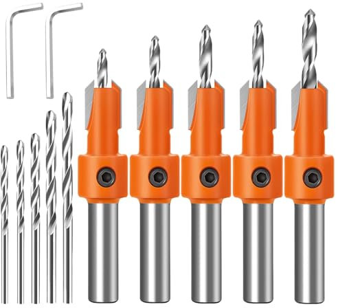 5Pcs Countersink Drill Bit, HSS Bits Shank Adjustable Carpentry Reamer Chamfer Screws Hole Tool, with 5Pcs Free Replaceable Drill Bits(Orange,Size:8mm)