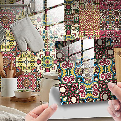 Tile Stickers 20x20 cm Red Yellow Retro Self Adhesive Wall Tiles Waterproof Stick on Tiles Bathroom Kitchen Tile Stickers Stick on Wall Tiles Decor Self Adhesive Tiles 10 Pcs