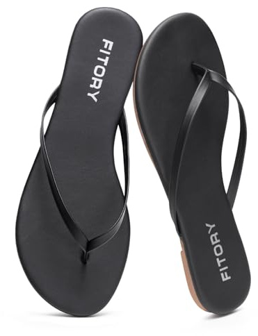 FITORY Women's Leather Flip Flops, Beach Thong Sandals Size 4-9 | Comfortable Round Open Toe Ladies Elegant Slim Flats Shoes, Yoga Sling Footbed Design Slides for UK Summer Pool Shower
