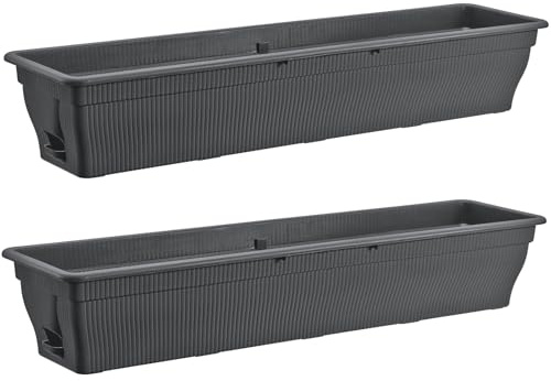 2x Balkonkasten 100cm Blumenkasten mit Wasserspeicher anthrazit, 25 L - Blumenkästen wetterfest Pflanzkasten mit Einsatz Lange Balkonkästen für Garten und Balkon witterungsbeständig, Anthrazit/Grau