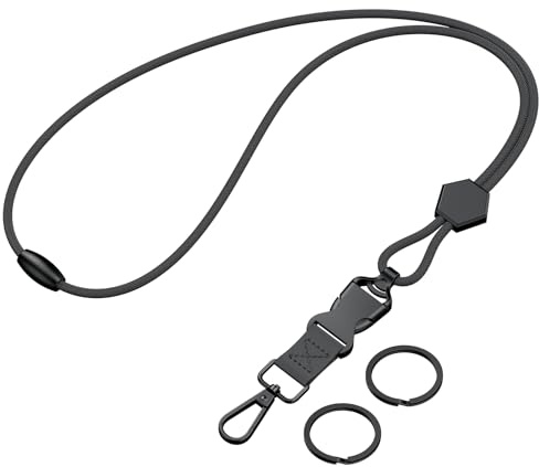 Uniclife Lanyard à Détachement Rapide Badges d'Identification, Lanyard Renforcée avec Boucle de Sécurité Détachable, Réglable Longueur Mousqueton Tournant Anneaux Clés Cordon Rond Réglable Clés, Noir