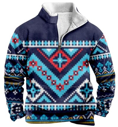 Generisch Jersey de lana para hombre con mangas, estampado, informal, a la moda, cuello alto, media cremallera, sudadera para hombre, ropa de maternidad, azul, XL