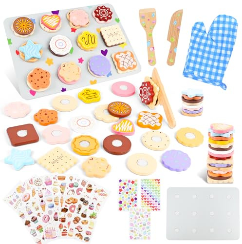 HERMORRYSS Galletas Madera Juguete, Cocina Juguete Madera, Juego de rol de Comida Juguetes para Cocinita con Pegatinas Infantiles, Regalo de Cumpleaños Ideales para Niñas Niño Bebé 2 3 4 5 6 Años