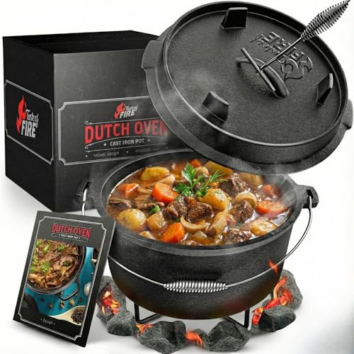 Taste of Fire [L'Originale] - Set Pentola Olandese in Ghisa da 7,4 Litri con Piedini & Coperchio da 1,8 Litri a Doppia Funzione Utilizzabile come Griglia (10,8 litri incl. supporto per pentola)
