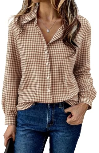 Aottori Donna Camicia Quadri Cotone con Bottoni Camicie Elegante Scollo a V Oversize Maniche Lunghe Maglietta Casual per Oktoberfest Blusa Marrone S