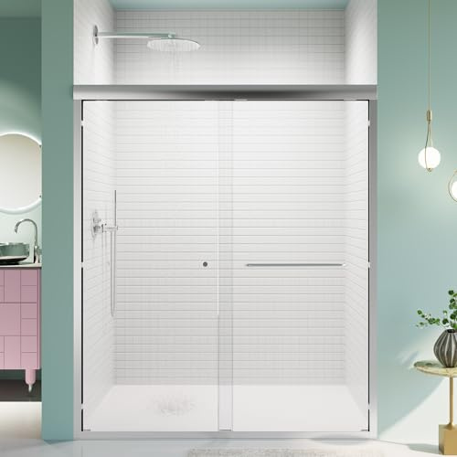 Aonlee Semi-Frameless Double Sliding Shower Door, Tempered Glass, Chrome, Modern, 56-60 W x 70 H, Bypass