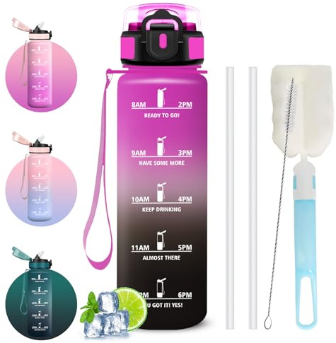 Mujigaga Borraccia 1 litro, Borraccia con Cannuccia, Senza Perdite, Water Bottle Motivazionale, Facile da Pulire, Bottiglia con Orari per Bere, Bottiglie Acqua, per Ciclismo, Sport, Bicicletta