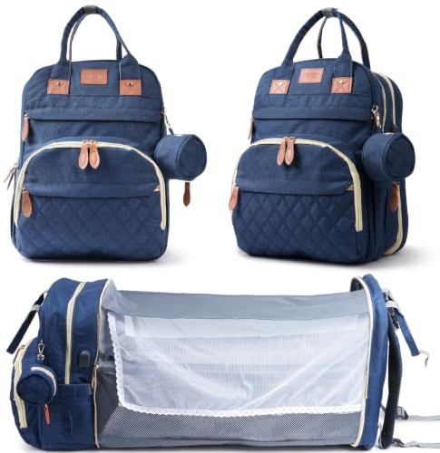 Soontrans Sac a Langer Grande Capacité 30 × 16 × 41 CM, Sac a Dos a Langer avec Port USB et Sachet pour Tétine, Sac Maternité Pouvant se Déplier en Lit pour Bébé, pour Travail Voyage, Bleu Foncé