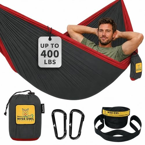 Wise Owl Outfitters Hammock for Camping Single Hammocks Gear for The Outdoors Backpacking Survival or Travel - Portable Lightweight Parachute Nylon SO Charcoal & Red