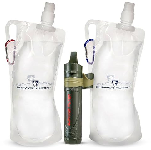 Survivor Filter Squeeze Kit – Emergency Water Straw with 2 Collapsible 33.8 fl oz Bottles – USA-Tested – 0.05 Micron Filtration – Portable Outdoor Water Filter for Camping & Hiking – No Expiration