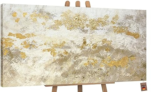 YS-Art Abstrakt Acryl Gemälde auf Leinwand handgemalt mit Blattgold glänzendes Gold Wandbilder Wohnzimmer Moderne Wohndekor Bilder Büro echte Kunst 100x50 cm