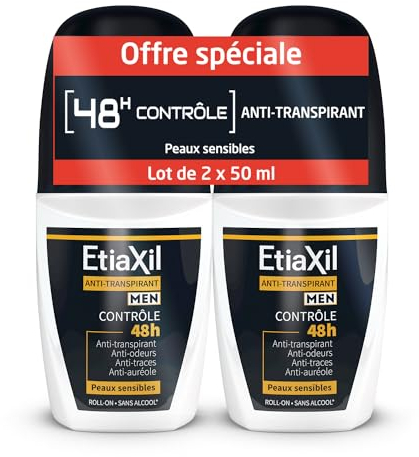 ETIAXIL - Deodorante antitraspirante - Uomo - Sudorazione moderata - Ascelle - Controllo 48 ore - Roll-on - 50 ml - Confezione da 2