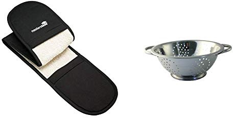 KitchenCraft Master Class Deluxe Double Oven Glove, Cotton, Black & Stainless steel collection Twin Handled Stainless Steel Colander, 23 cm