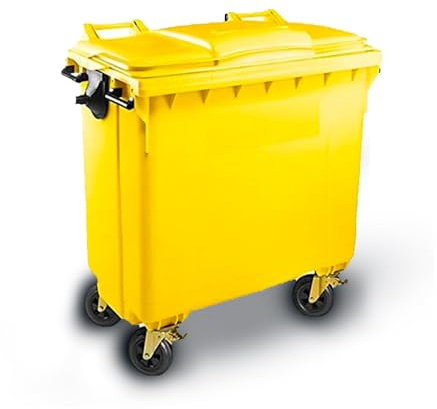 SSI Contenedor de Basura 770L con Tapa Plana - Ruedas con Freno, Desagüe Inferior, Cumple Normativa EN-840, Ideal para Grandes Volúmenes de Residuos y Reciclaje en Exteriores (Amarillo, 770 litros)