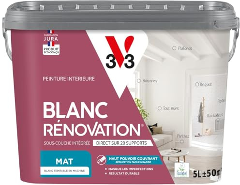 V33 Peinture blanche mur et plafond mat - multi-supports - monocouche - BLANC RENOVATION®, 5L