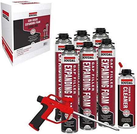 Gap Filler Expanding Foam Soudal Kit 6 x 750ml Cans 1 x Gun 1 x Cleaner
