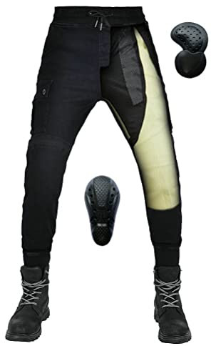 Motorrad-Reithose, Aramidfaser, Schutzhose für Motocross, Rennen, Motorrad, Radfahren, mit CE-Armor Knie-Hüftpolster, Schwarz , 56