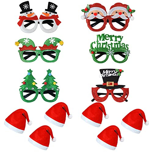 12 Pcs Christmas Glitter Party Glasses hat set, Novelty Xmas Fancy Dress Party Glasses Decoration Frames,Christmas photo props for Kids Adults,for Christmas New Year Festive Holiday Party Supplies