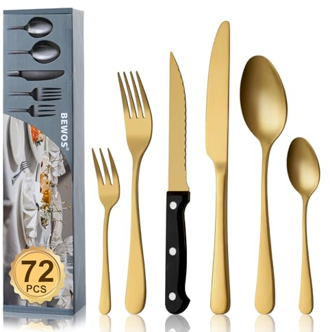 BEWOS set posate da 72 pezzi con coltelli da bistecca per 12 person, Oro posate in acciaio inox per la cucina, set di coltelli, cucchiai, forchette con lucidatura a specchio, lavabile in lavastoviglie