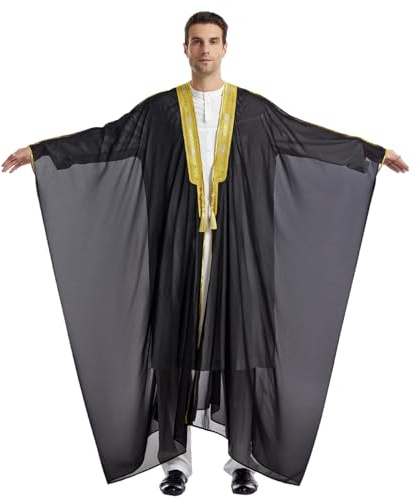 Etnisk Abaya arabisk biskop för män med gyllene emobroderi-kappa med bollfrans arabisk klänning, Svart, M