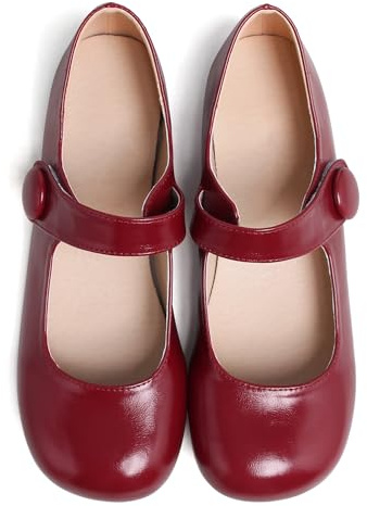 Dear Time Women's Round Toe Mary Jane Strap Flat Shoes, Cute Lolita Uniform Shoes, Soft Cushion Ballet Flats for Women Red Size 9